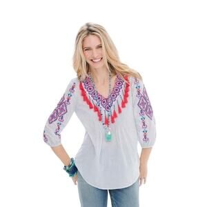 Chico's Blue White Stripe Popover Top Embroidered Beaded Tassels Size XL/16 Boho